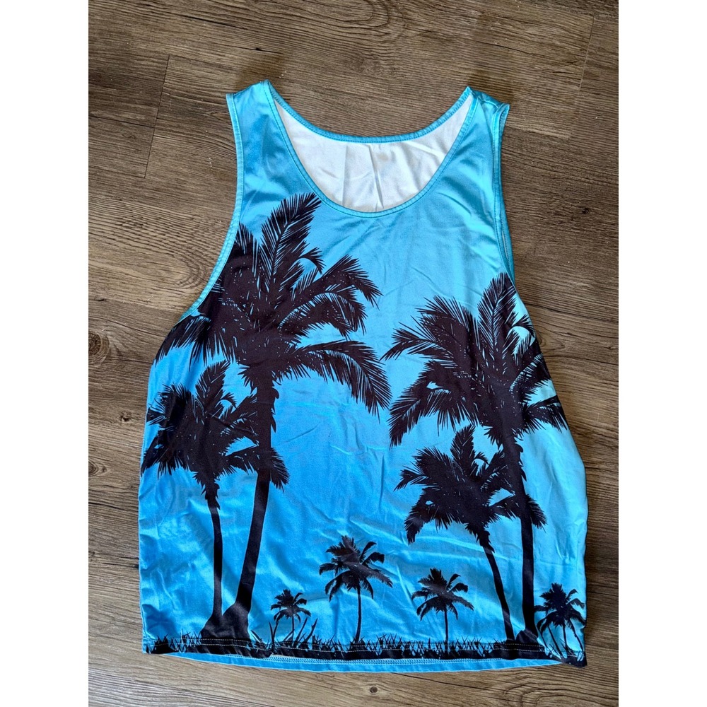Manfinity Mens Palm Tree Graphic Tank Top Blue Tropical Summer Beach Shirt L